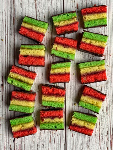 A batch of Italian rainbow cookies sliced and shot from overhead.