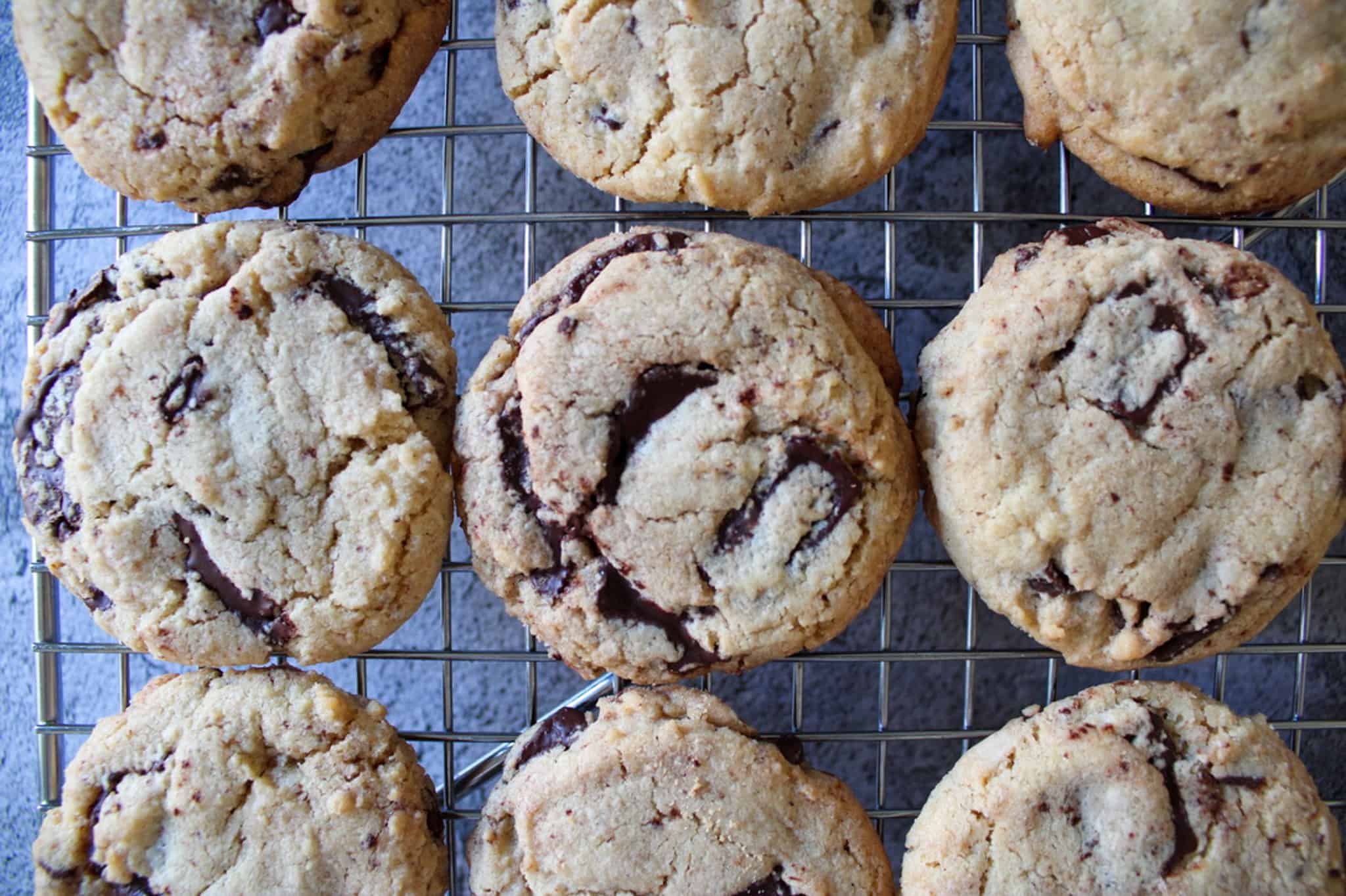 Chocolate chip cookies on a cooling rack. 