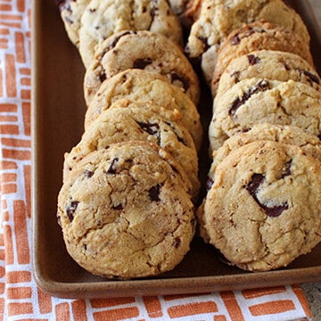 Chocolate chip cookies on a tray.