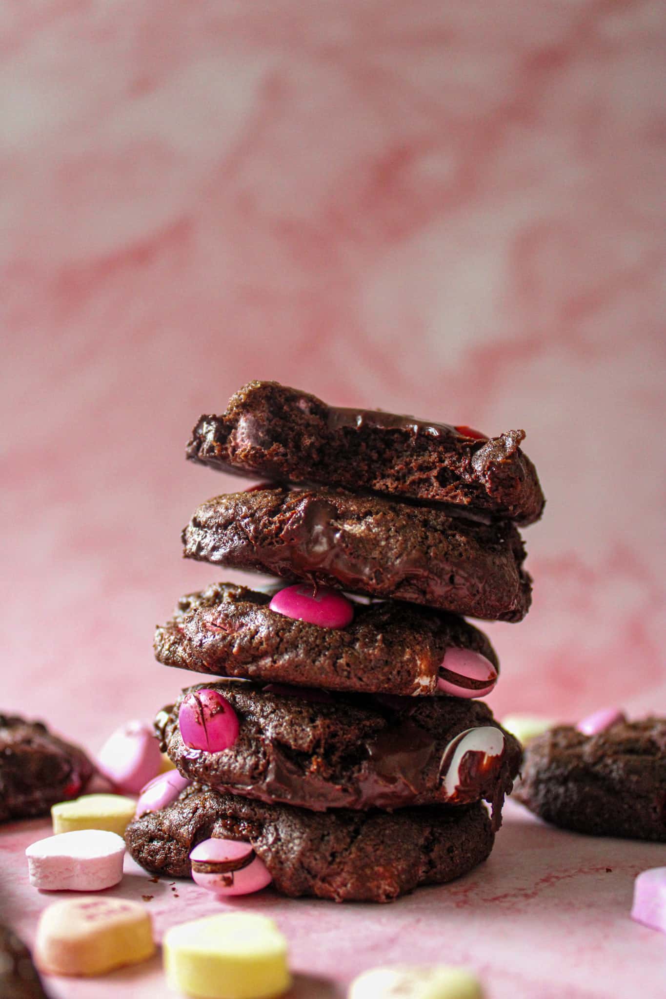 A stack of Valentine's Day M&M cookies. 