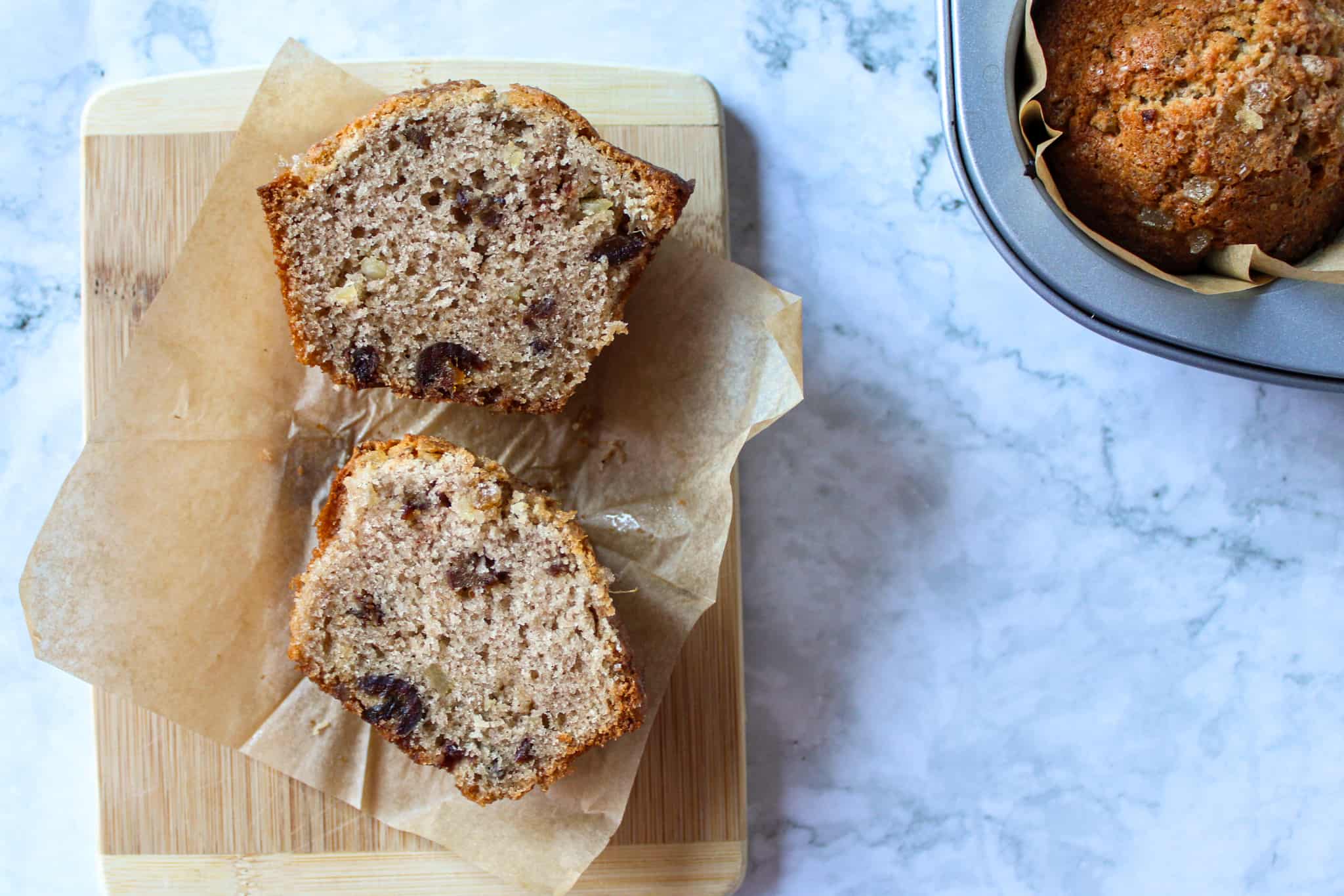 A buckwheat ginger muffin cut in half 