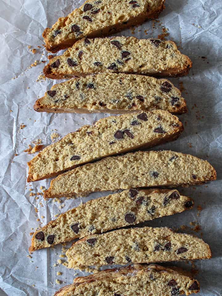 Cut pieces of mandel bread on a piece of parchment paper