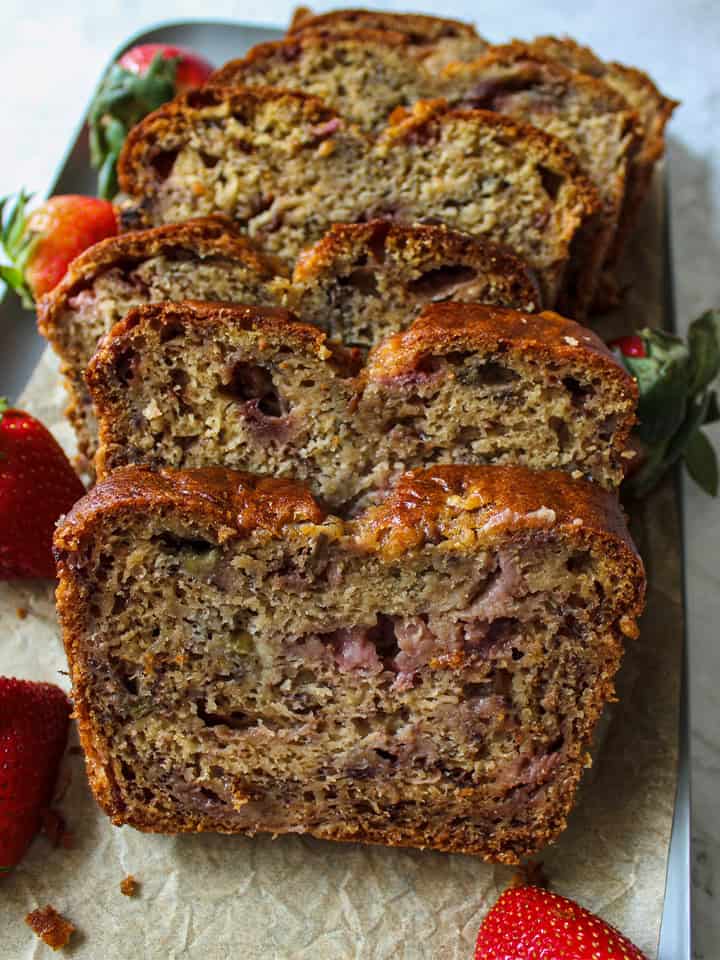Slices of strawberry rhubarb banana bread.